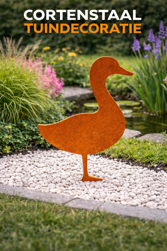 cortenstalen eend voor in de tuin tuinsteker