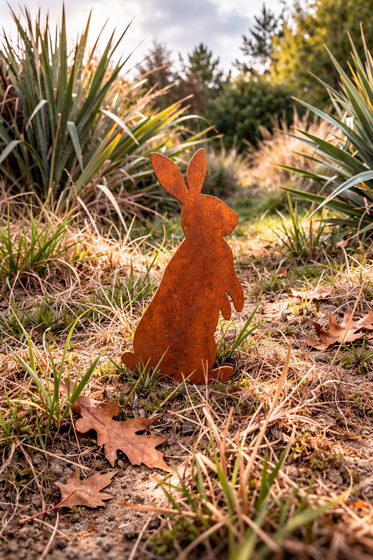 roestig konijn voor in de tuin van staal
