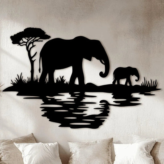 Wanddecoratie olifanten landschap savanne steppe zwart muurdecoratie