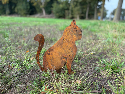 tuinsteker cortenstaalen poes kan zittend voor in de tuin