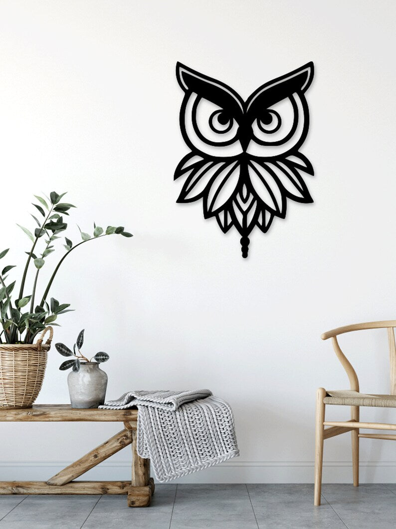 muurdecoratie stalen uil zwart